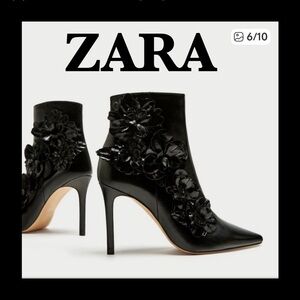 Zara Black Floral Appliqué Pointed-Toe Ankle Boots with Stiletto Heel
